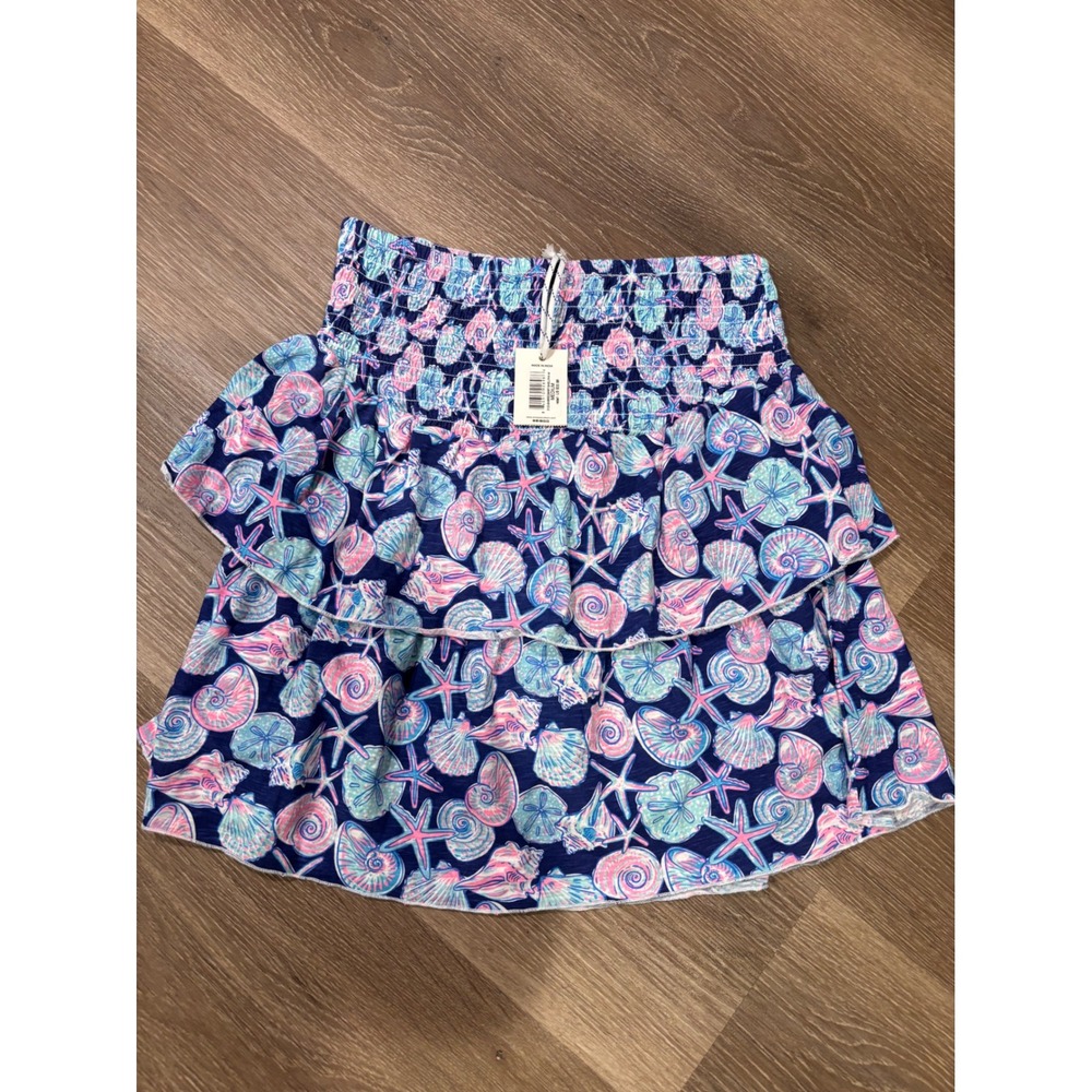 Simply Southern Coastal Shell Starfish Ruffle Mini Skirt Navy Pink Medium NWT